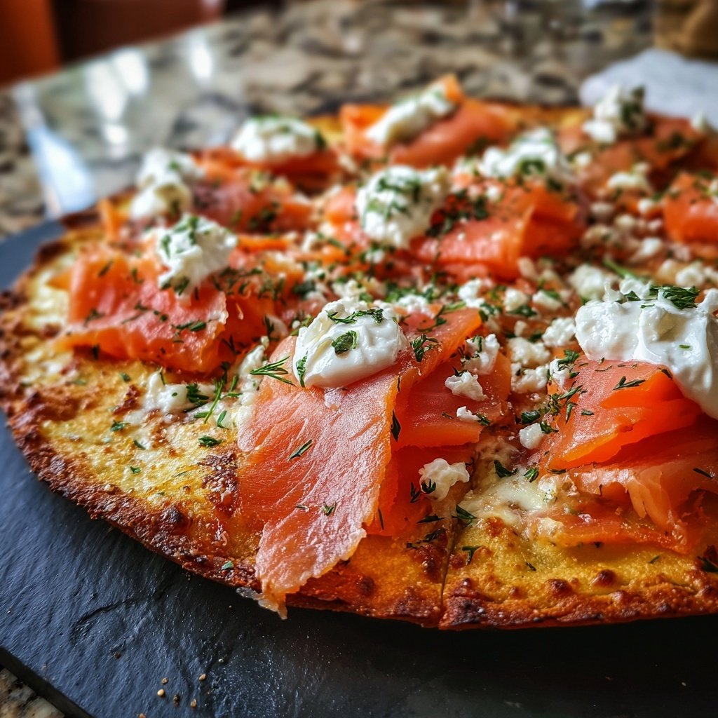 Pizza mit Lachs und Crème fraîche