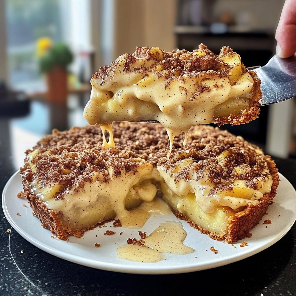 Traditioneller Apfelkuchen mit Pudding und Zimtstreuseln