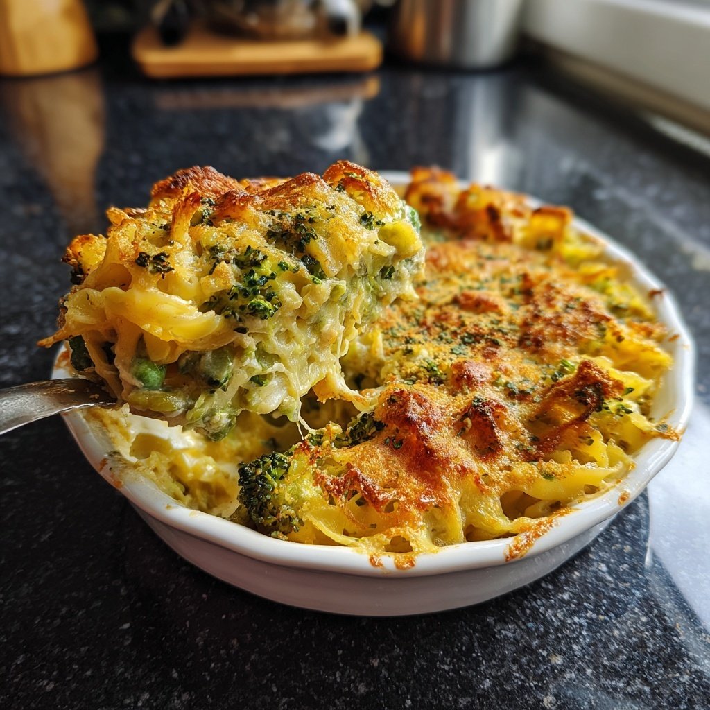 Vegetarischer Nudelauflauf mit Brokkoli und Erbsen
